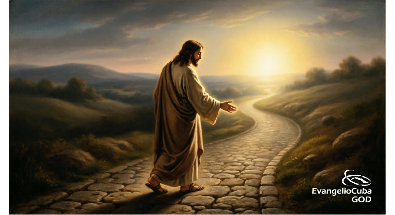 Ilustración de una senda iluminada que conduce hacia una luz celestial, simbolizando a Cristo como Camino hacia el Padre